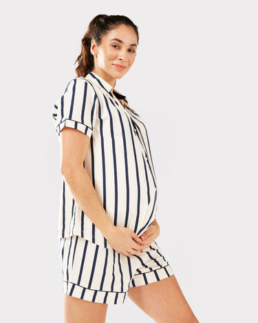 Maternity Navy/Cream Stripe Organic Cotton Button Up Short Pyjama Set